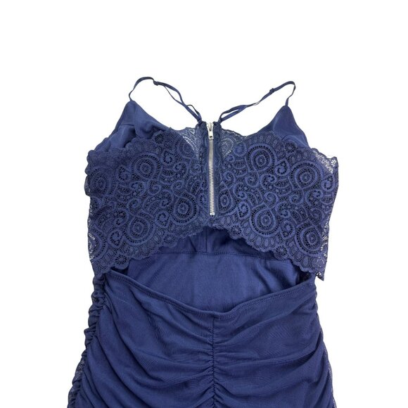 Honey and Rosie Navy Blue Mesh Lace Back Ruched Bodycon Mini Dress Size M - Picture 5 of 9